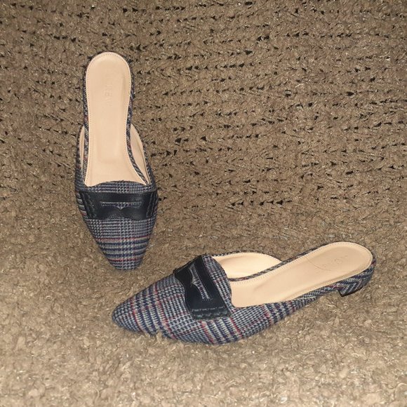 J. Crew Shoes - J. CREW-Blue Plaid Tweed-Penny Loafer-Pointed Toe-Slides-Slip-On-SZ 7-Excellent
